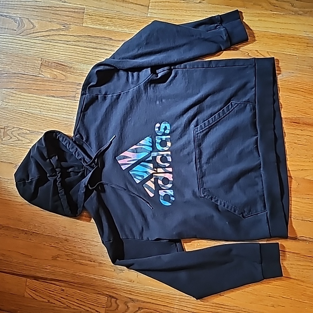 👪 Adidas hoodie black w/colorful logo size L (16-18)